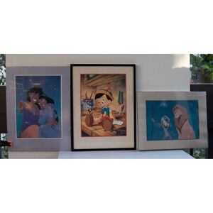 Disney Store Framed Lithograph Lot - Lion King 1995 Pinocchio 1993 Aladdin 1993